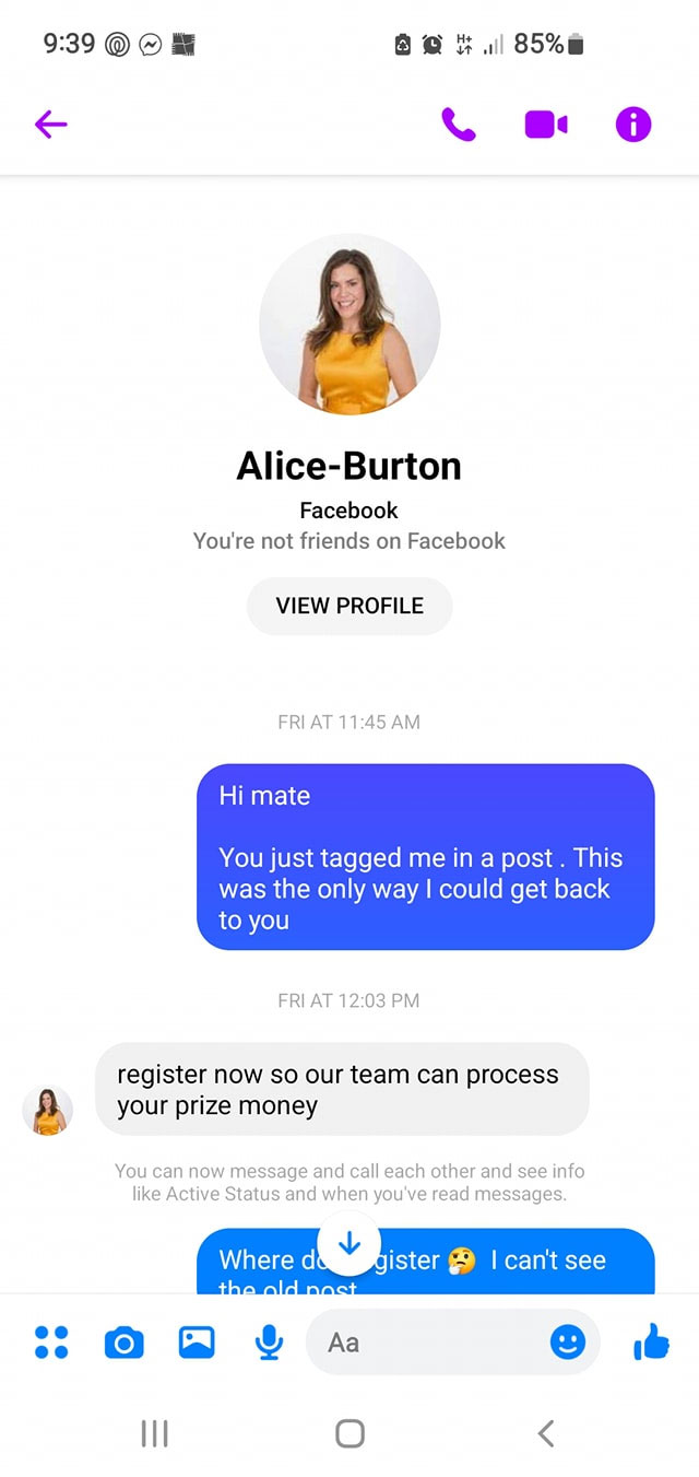 A fake profile of another Hot 100 radio presenter, Alice Burton, has also been used by scammers to trick listeners.