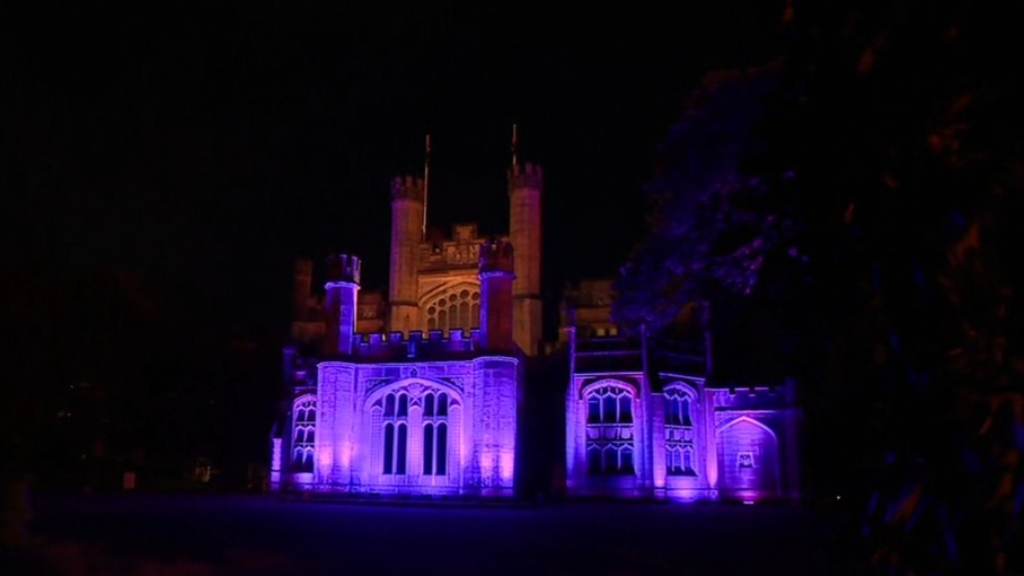 Sydney's Government House lit up in royal purple for the Queen's Platinum Jubilee.