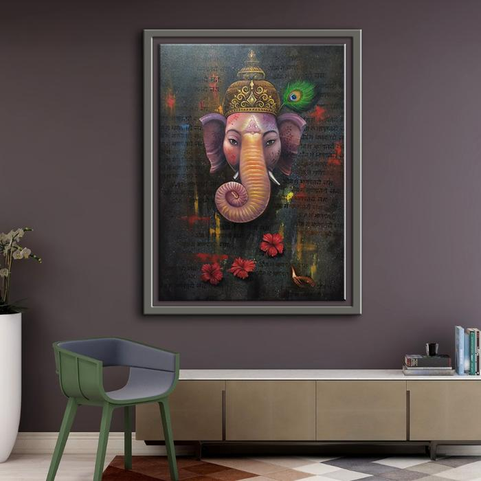 Original Ganpati Ganesha Painting and Wall Art For Home Office Acrylic On Canvas Size(Inch) 27 W x 29 H by Kirtiraj Mhatre
